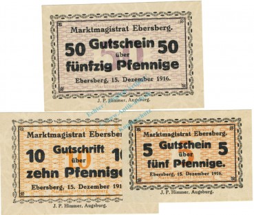 Ebersberg , Notgeld Set mit 3 Scheinen unc-kfr. Ti.1560.05.10-12 , Bayern 1916 Verkehrsausgabe