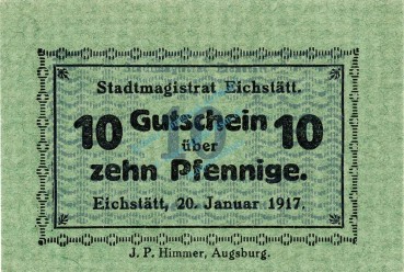 Eichstätt , Notgeld 10 Pfennig Schein unc-kfr. Ti.1605.05.06 , Bayern 1917 Verkehrsausgabe