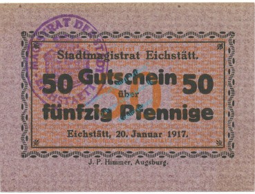 Eichstätt , Notgeld 50 Pfennig Schein unc-kfr. Ti.1605.05.08 , Bayern 1917 Verkehrsausgabe