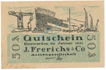 Einswarden , Notgeld 50 Pfennig Nr.1 -Wellen- unc-kfr. M-G 316.2 , NDS 1921 Seriennotgeld -5757-