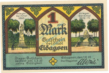 Preview: Eldagsen , Notgeld 1 Mark Schein Nr.2 unc-kfr. M-G 327.1 , NDS 1921 Seriennotgeld -5784-