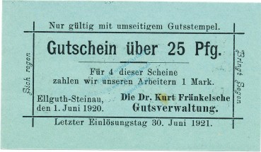 Ellguth-Steinau , Notgeld 25 Pfennig Schein unc-kfr. Ti.1665.05.25 , Schlesien 1920 Verkehrsausgabe