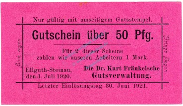 Ellguth-Steinau , Notgeld 50 Pfennig Schein unc-kfr. Ti.1665.05.30 , Schlesien 1920 Verkehrsausgabe
