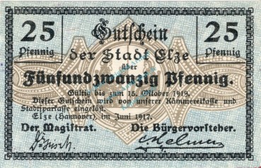 Elze , Notgeld 25 Pfennig Schein unc-kfr. Ti.1690.05.02 , Niedersachsen 1917 Verkehrsausgabe
