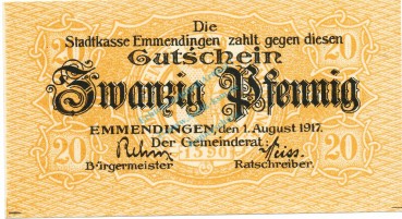 Emmendingen , Notgeld 20 Pfennig Schein unc-kfr. Ti.1705.05.27 , Baden 1917 Verkehrsausgabe
