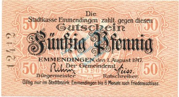 Emmendingen , Notgeld 50 Pfennig Schein unc-kfr. Ti.1705.05.03 , Baden 1917 Verkehrsausgabe