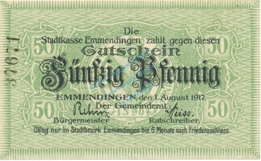 Emmendingen , Notgeld 50 Pfennig Schein unc-kfr. Ti.1705.05.10 , Baden 1917 Verkehrsausgabe