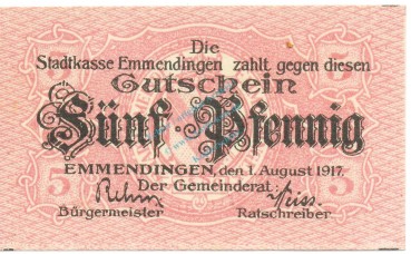Emmendingen , Notgeld 5 Pfennig Schein unc-kfr. Ti.1705.05.30 , Baden 1917 Verkehrsausgabe