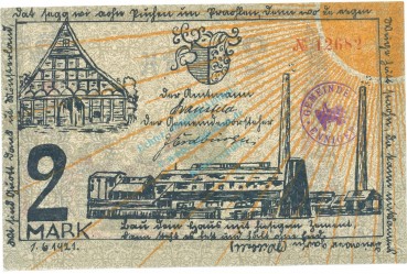 Ennigerloh , Notgeld 2 Mark -Stempel- unc-kfr. M-G 338.2.c , NRW 1921 Seriennotgeld -5756-