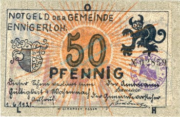 Ennigerloh , Notgeld 50 Pfennig Nr.4 -Gem- Stpl- in unc-kfr 338.2 , Westfalen 1921 Seriennotgeld