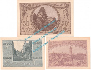 Enns , Notgeld Set mit 3 Scheinen in kfr. K-K 174.II.a , Oberösterreich o.D.