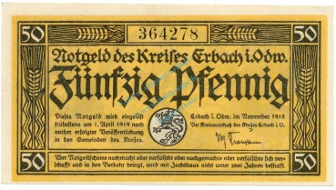 Erbach , Notgeld 50 Pfennig Schein unc-kfr. Ti.1735.05.... Hessen 1918 Verkehrsausgabe