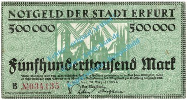 Erfurt , Notgeld 500.000 Mark Schein in gbr. Keller 1377.e , Thüringen 1923 Inflation