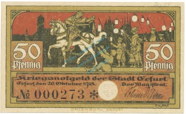 Erfurt , Notgeld 50 Pfennig Schein unc-kfr. Ti.1755.105.05 , Thüringen 1918 Verkehrsausgabe