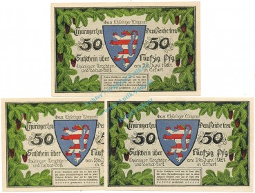 Erfurt , Notgeld Set 3 Scheine -o.Drfa- unc-kfr. M-G 345.2.B , TH 1921 Seriennotgeld -5791-