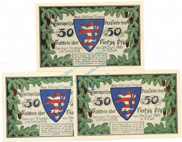 Preview: Erfurt , Notgeld Set 3 Scheine unc-kfr. M-G.345.2.a , TH 1921 Seriennotgeld -0227-
