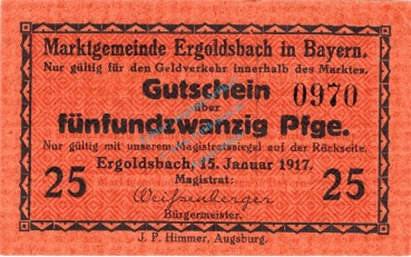 Ergoldsbach , Notgeld 25 Pfennig Schein unc-kfr. Ti.1760.05.10 , Bayern 1917 Verkehrsausgabe
