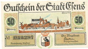 Esens , Notgeld 50 Pfennig Schein unc-kfr. Ti.1795.05.03 , Niedersachsen o.D. Verkehrsausgabe