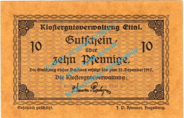Ettal , Notgeld 10 Pfennig Schein in kfr. Tieste 1810.05.04 , Bayern o.D. Verkehrsausgabe