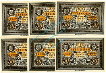 Ettlingen , Notgeld Set 6 Scheine -Nummerngleich- unc-kfr. M-G 355... BW 1921 Seriennotgeld -5792-