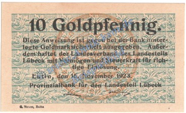 Eutin , Banknote 10 Gold Pfennig Schein in kfr. Müller 1640.1 Wertbeständig 1923 Schleswig Holstein