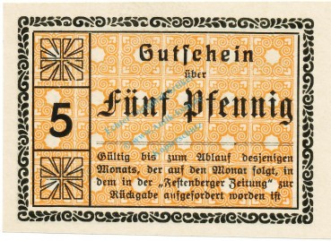 Festenberg , Notgeld 5 Pfennig Schein unc-kfr. Ti.1855.05.30 , Schlrdirn o.D. Verkehrsausgabe
