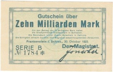 Frankenstein , Banknote 10 Milliarden Mark Schein in gbr. Keller 1518.b-c , Schlesien 1923 Inflation