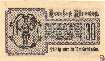 Preview: Friedrichroda , Notgeld 30 Pfennig Schein unc-kfr. Ti.2030.10.15 , Sachsen 1917 Verkehrsausgabe