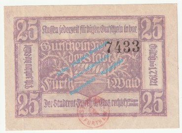 Furth i.W. Notgeld 25 Pfennig Schein in kfr. Tieste 2095.05.01 , Bayern 1920 Verkehrsausgabe