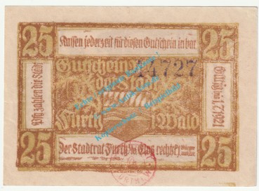 Furth i.W. Notgeld 25 Pfennig Schein in kfr. Tieste 2095.05.05 , Bayern 1920 Verkehrsausgabe
