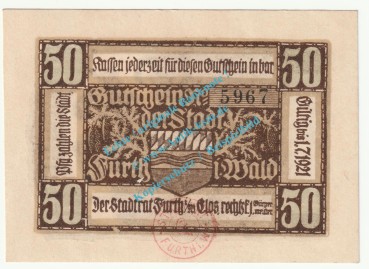 Furth i.W. Notgeld 50 Pfennig -84x60- in kfr. Tieste 2095.05.25 , Bayern 1920 Verkehrsausgabe