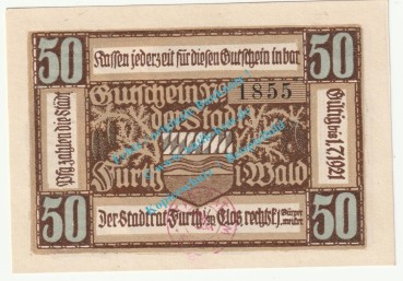 Furth i.W. Notgeld 50 Pfennig Schein in kfr. Tieste 2095.05.20 , Bayern 1920 Verkehrsausgabe