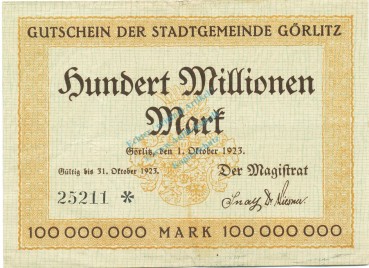 Görlitz , Banknote 100 Millionen Mark Schein in gbr. Keller 1829.q , Schlesien 1923 Inflation