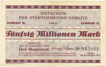 Görlitz , Banknote 50 Millionen Mark Schein in gbr. Keller 1829.o-p , Schlesien 1923 Inflation