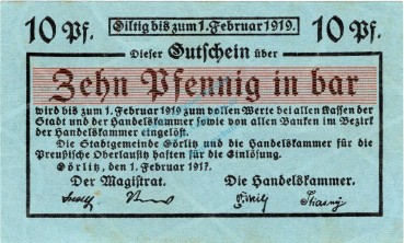 Görlitz , Notgeld 10 Pfennig Schein unc-kfr. Ti.2310.15.05 , Schlesien 1917 VerkehrsausgabeGörlitz , Notgeld 10 Pfennig Schein unc-kfr. Ti.2310.15.05 , Schlesien 1917 Verkehrsausgabe
