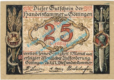 Preview: Göttingen , Notgeld 25 Pfennig Schein in kfr. Tieste 2320.10.15 , Niedersachsen 1917 Verkehrsausgabe