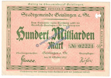 Geislingen , Banknote 100 Milliarden Mark Schein in L-gbr. Keller 1693.c , Württemberg 1923 Grossnotgeld - Inflation