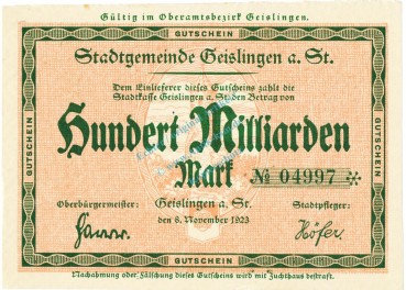 Geislingen , Banknote 100 Milliarden Mark unc-kfr. Keller 1693.d Bayern 1923 Inflation