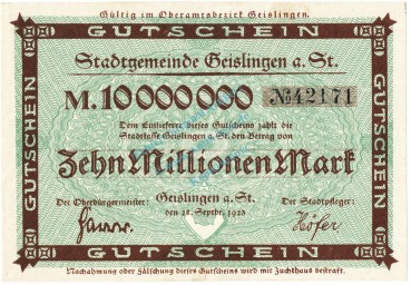 Geislingen , Banknote 10 Million Mark unc-kfr. Keller 1693.a Württemberg 1923 Inflation