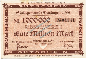 Geislingen , Banknote 1 Million Mark L-gbr. Keller 1693.a Württemberg 1923 Inflation