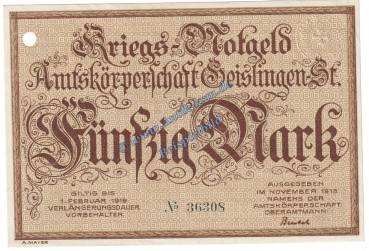 Geislingen , Banknote 50 Mark Schein in kfr.E , Geiger 170.03 , Württemberg 1918 Grossnotgeld