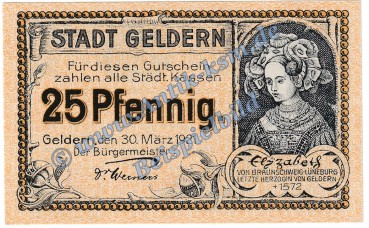 Geldern , Notgeld 25 Pfennig Schein in kfr. Tieste 2145.05.25 , Rheinland 1921 Verkehrsausgabe