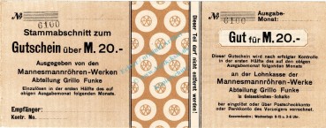 Gelsenkirchen-Schalke , Banknote 20 Mark Schein unc-kfr.E Geiger 171.03 , Westfalen o.D. Grossnotgeld