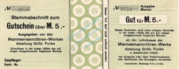 Gelsenkirchen-Schalke , Banknote 5 Mark Schein F-kfr.E Geiger 171.01 , Westfalen o.D. Grossnotgeld
