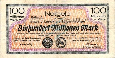 Gelsenkirchen , Banknote 100 Millionen Mark Schein gbr. Keller 1710.t , Westfalen 1923 Inflation