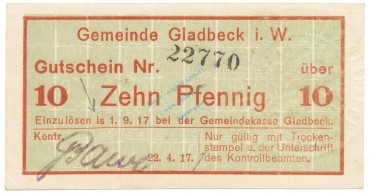 Gladbeck , Notgeld 10 Pfennig -Fehldruck- unc-kfr.E Tieste 2240.05....  Westfalen 1917 Verkehrsausgabe