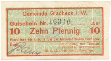 Gladbeck , Notgeld 10 Pfennig Schein gbr.E Tieste 2240.05.05 , Westfalen 1917 Verkehrsausgabe