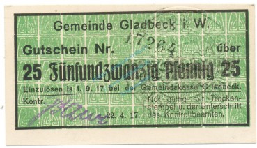 Gladbeck , Notgeld 25 Pfennig -Fehldruck- unc-kfr.E Tieste 2240.05.06.3 , Westfalen 1917 Verkehrsausgabe