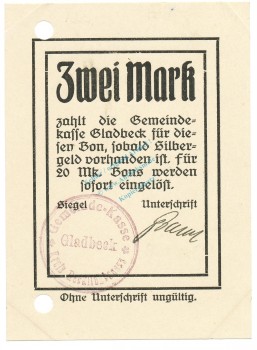 Gladbeck , Notgeld 2 Mark Schein unc-kfr.E Diessner 120.5.a , Westfalen o.D. Notgeld 1914-15