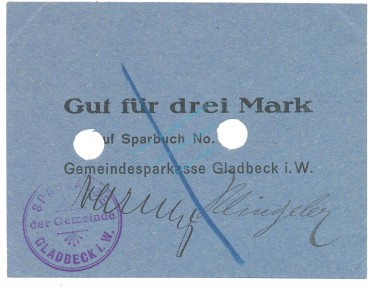Gladbeck , Notgeld 3 Mark Schein unc-kfr.E Diessner 121.3 , Westfalen o.D. Notgeld 1914-15